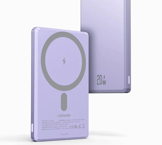 باور بنك USAMS CD220 مغناطيسي لاسلكي PD20W هيكل ألومنيوم رفيع 5000mAh متوافق MagSafe
