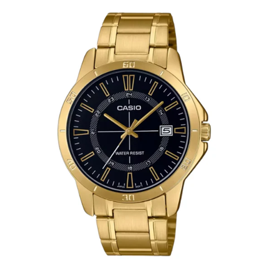 ساعة كاسيو الرجالية بـ سوار ستانلس ستيل ذهبي مينا سوداء - موديل CASIO MTP-V004G-1C