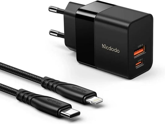 شاحن حائط Mcdodo CH-1952 بقوة 20 واط USB-C وUSB-A مع كابل Lightning – أسود