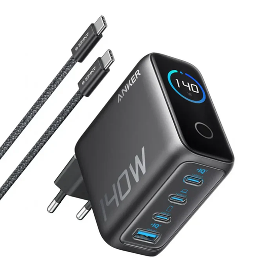 شاحن/باوربانك بقوة 140W يأتي بـ 4 منافذ USB-C + USB-A مع كابل USB-C أصلي ماركة Anker