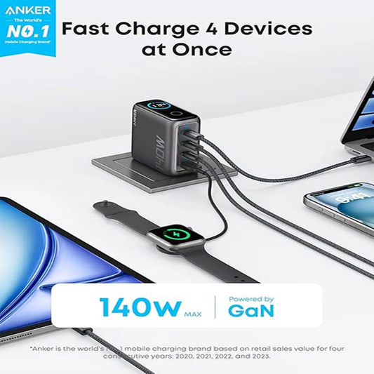 شاحن/باوربانك بقوة 140W يأتي بـ 4 منافذ USB-C + USB-A مع كابل USB-C أصلي ماركة Anker