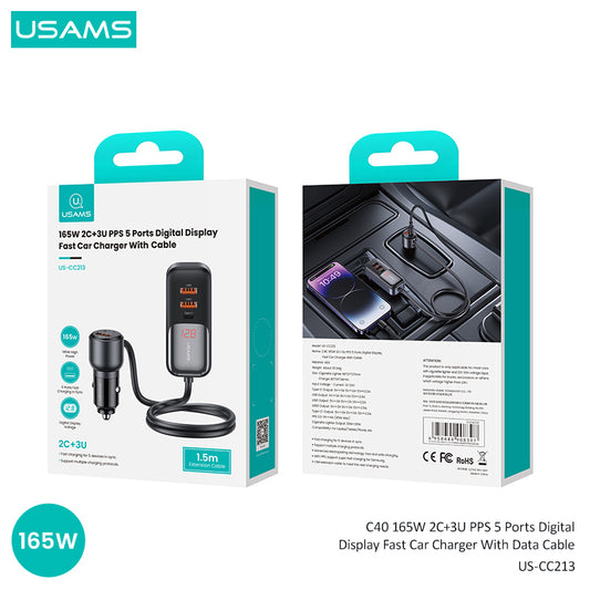 شاحن سيارة USAMS CC213 165W 5 منافذ 2C+3A شاشة رقمية PPS 45W يعمل 12V-24V مع كيبل