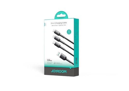 كابل شحن JOYROOM Joyroom S-A61 OmniGo Series 3.5A USB-A to Type-C, Lightning & Micro USB 3-in-1 Charging Cable – 1.2 m, Black | 12-Month Warranty | أداء موثوق وتصميم عملي