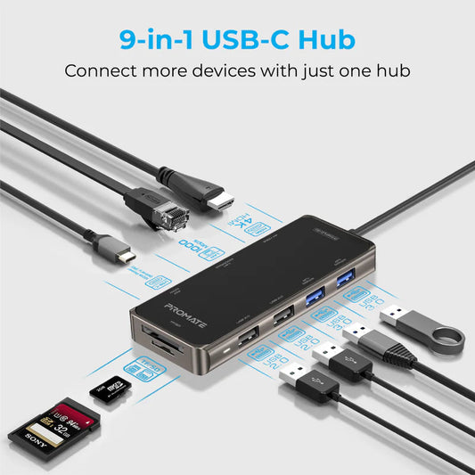 محول من Promate موديل PrimeHub-Go مع 100W وUSB-C وPD - صورة 2