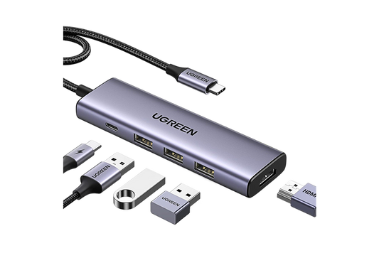 موزع UGREEN 15597 USB-C خمسة في واحد مع HDMI و3 منافذ USB وشحن PD