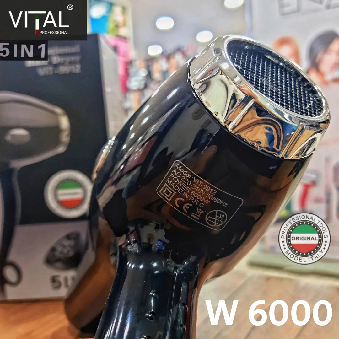 سشوار شعر احترافي 5 بـ 1 بقوة 6000 واط مزودة بمحرك قوي للاستخدام المنزلي والصالونات ماركة VITAL سشوار شعر احترافي 5 بـ 1 بقوة 6000 واط مزودة بمحرك قوي للاستخدام المنزلي والصالونات ماركة VITAL