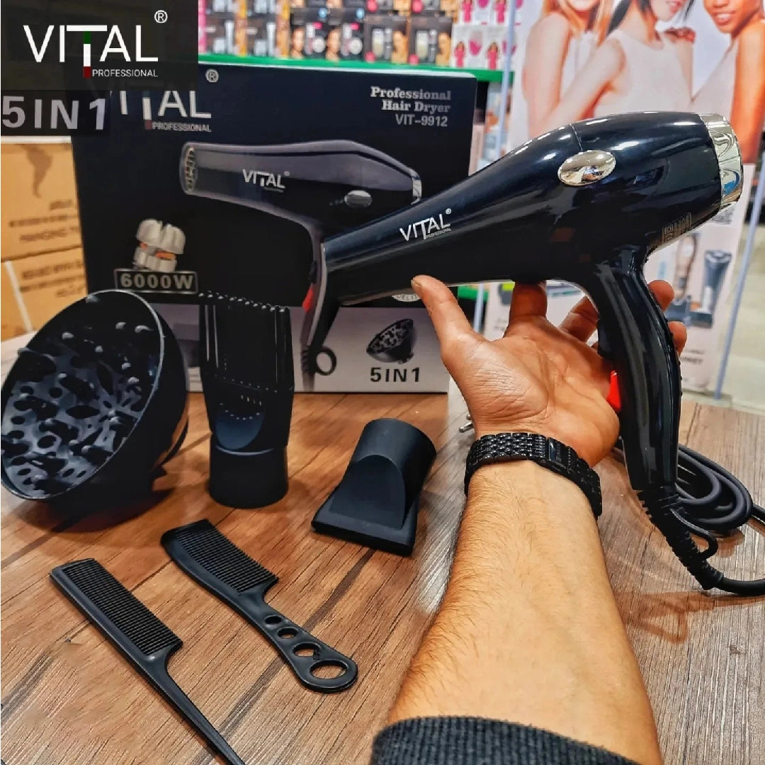 سشوار شعر احترافي 5 بـ 1 بقوة 6000 واط مزودة بمحرك قوي للاستخدام المنزلي والصالونات ماركة VITAL سشوار شعر احترافي 5 بـ 1 بقوة 6000 واط مزودة بمحرك قوي للاستخدام المنزلي والصالونات ماركة VITAL