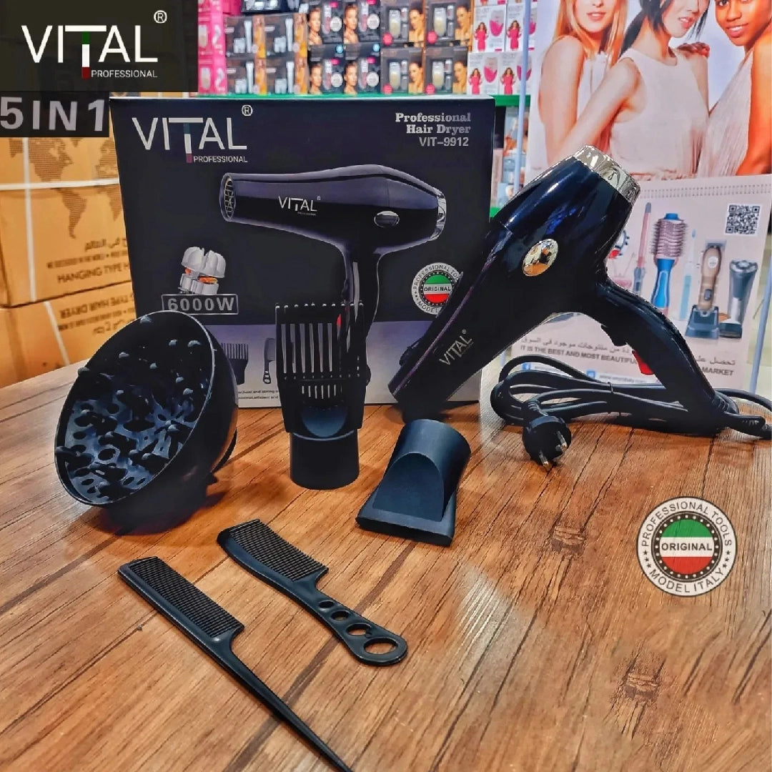 سشوار شعر احترافي 5 بـ 1 بقوة 6000 واط مزودة بمحرك قوي للاستخدام المنزلي والصالونات ماركة VITAL سشوار شعر احترافي 5 بـ 1 بقوة 6000 واط مزودة بمحرك قوي للاستخدام المنزلي والصالونات ماركة VITAL