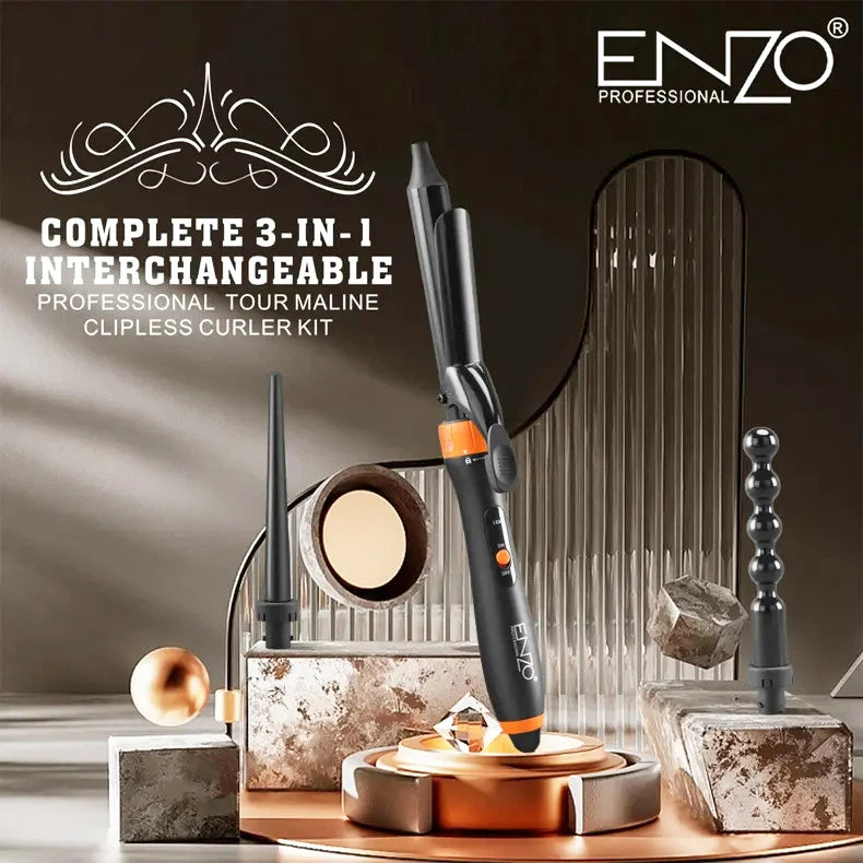 بكج فير لتصفيف الشعر 3 في 1 مع رؤوس تجعيد قابلة للتبديل وطلاء سيراميك ماركة ENZO الايطالية بكج فير لتصفيف الشعر 3 في 1 مع رؤوس تجعيد قابلة للتبديل وطلاء سيراميك ماركة ENZO الايطالية