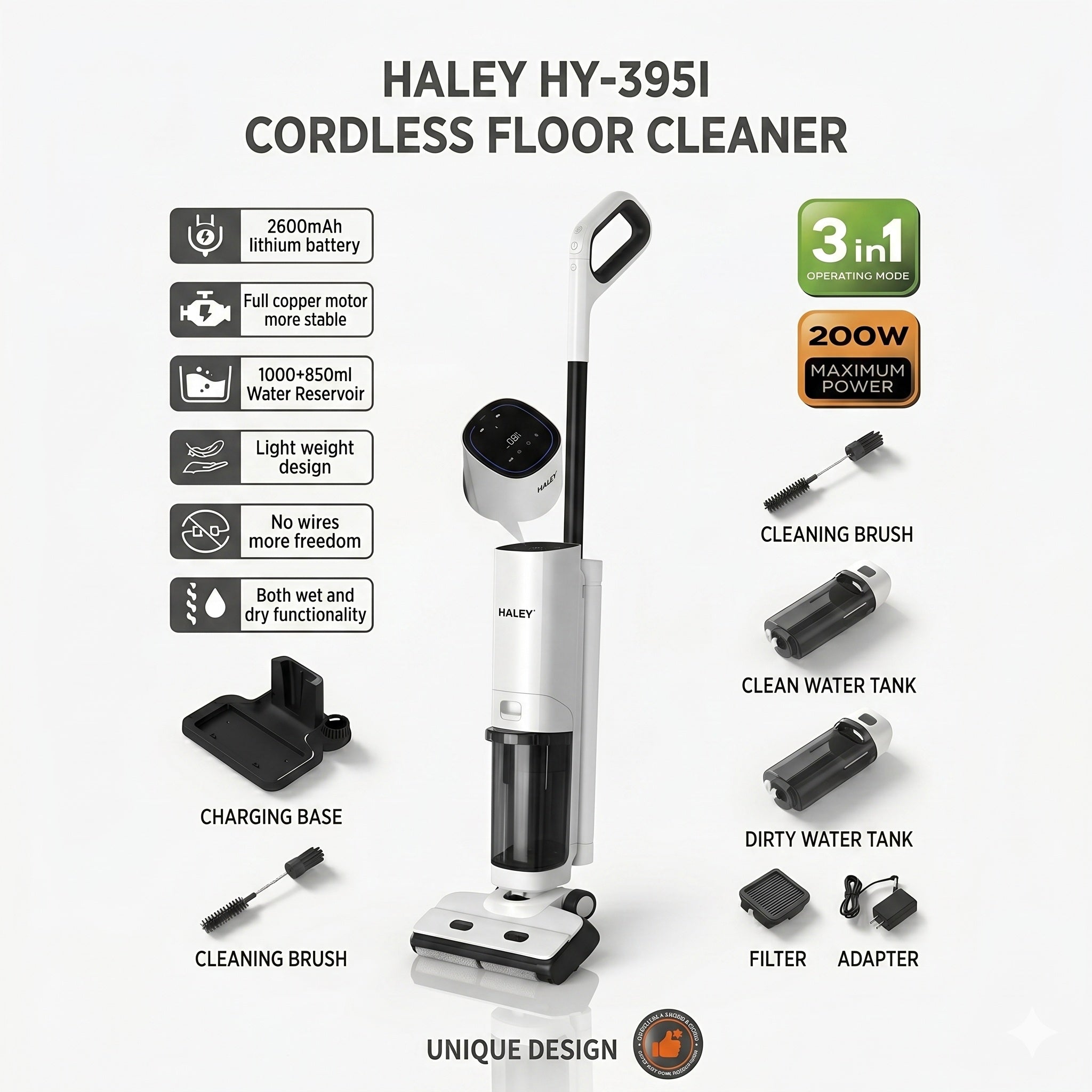 مكنسة تنظيف الأرضيات اللاسلكية 3 في 1 بقوة 200 واط مع تنظيف جاف ورطب ماركة haley مكنسة تنظيف الأرضيات اللاسلكية 3 في 1 بقوة 200 واط مع تنظيف جاف ورطب ماركة haley