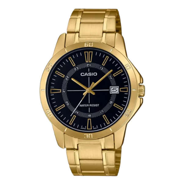 ساعة كاسيو الرجالية بـ سوار ستانلس ستيل ذهبي مينا سوداء - موديل CASIO MTP-V004G-1C