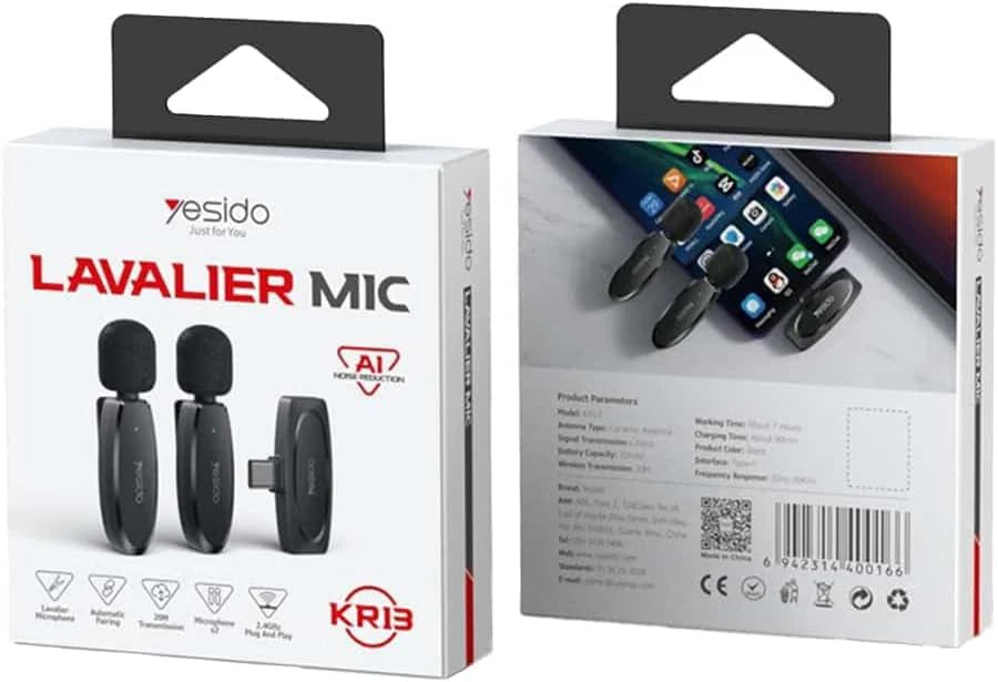 ميكروفون لاسلكي مزدوج YESIDO KR13 مع موصل Type-C ومدة تشغيل حتى 8 ساعات ميكروفون لاسلكي مزدوج YESIDO KR13 مع موصل Type-C ومدة تشغيل حتى 8 ساعات