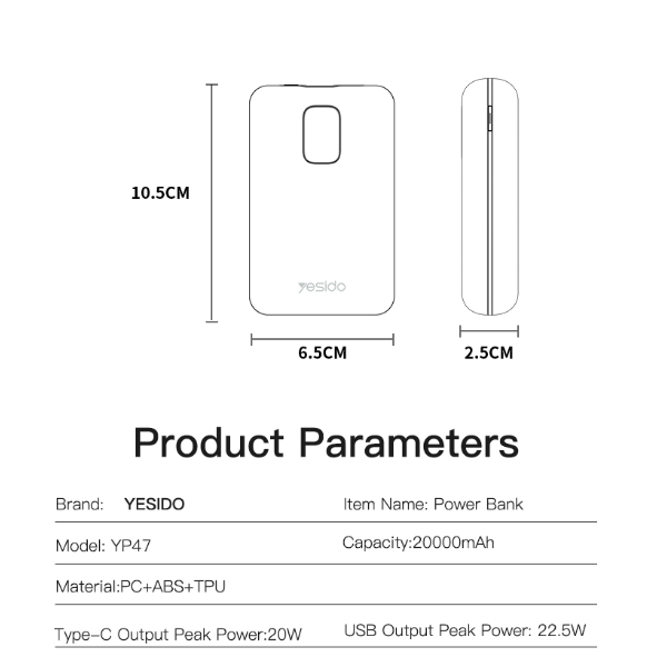 باوربانك Yesido YP47 بسعة 20000mAh – شحن سريع 22.5W وتقنية PD20W مع شاشة LED باوربانك Yesido YP47 بسعة 20000mAh – شحن سريع 22.5W وتقنية PD20W مع شاشة LED