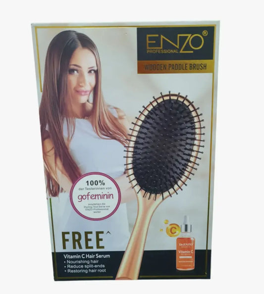 فرشاة شعر ENZO Wooden Paddle Brush الاحترافية مع سيروم فيتامين C هدية للشعر الطويل والكثيف