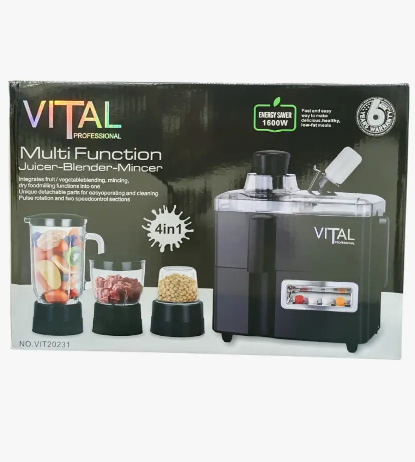 محضرة طعام 4 في 1 متعدد الوظائف بقوة 1600 واط مع عصارة وخلاط ومفرمة ومطحنة ماركة VITAL محضرة طعام 4 في 1 متعدد الوظائف بقوة 1600 واط مع عصارة وخلاط ومفرمة ومطحنة ماركة VITAL