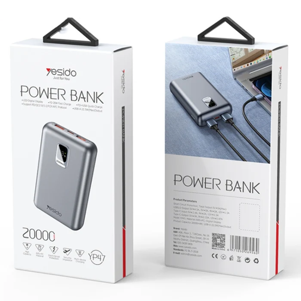 باوربانك Yesido YP47 بسعة 20000mAh – شحن سريع 22.5W وتقنية PD20W مع شاشة LED باوربانك Yesido YP47 بسعة 20000mAh – شحن سريع 22.5W وتقنية PD20W مع شاشة LED