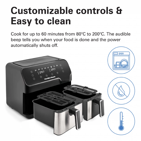 قلاية هوائية AirFryer مزدوجة سعة 8.5 لتر تتيح لك طهي الطعام بدهون اقل ماركة Hamilton Beach قلاية هوائية AirFryer مزدوجة سعة 8.5 لتر تتيح لك طهي الطعام بدهون اقل ماركة Hamilton Beach