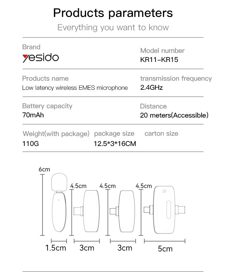 ميكروفون MEMS لاسلكي YESIDO KR11 بمنفذ Type-C ومدى 20 متر للهاتف والتسجيل الصوتي ميكروفون MEMS لاسلكي YESIDO KR11 بمنفذ Type-C ومدى 20 متر للهاتف والتسجيل الصوتي