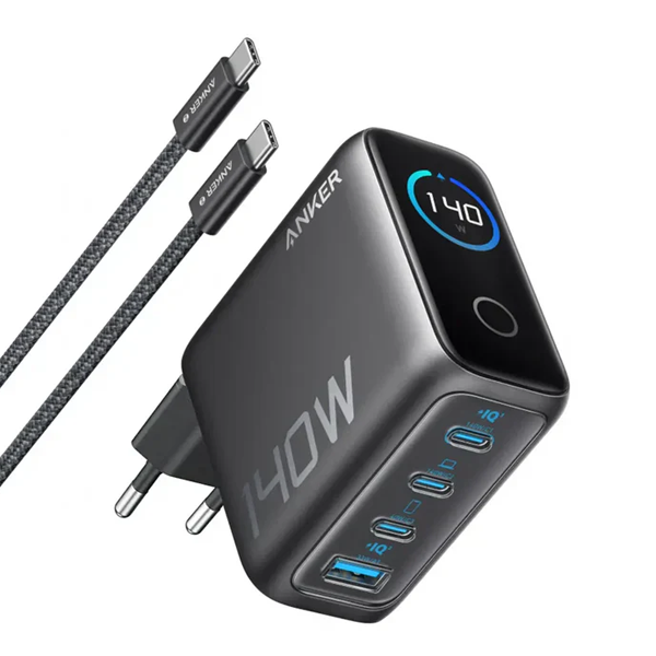 شاحن/باوربانك بقوة 140W يأتي بـ 4 منافذ USB-C + USB-A مع كابل USB-C أصلي ماركة Anker