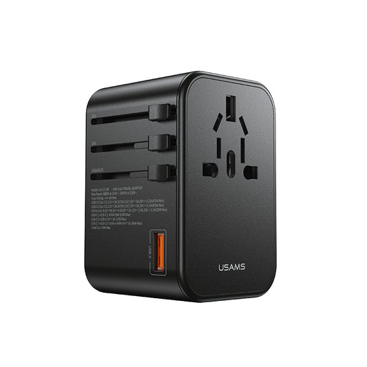 شاحن سفر عالمي USAMS CC199 65W بمنفذين Type-C وUSB-A يعمل في 4 دول US AU UK EU