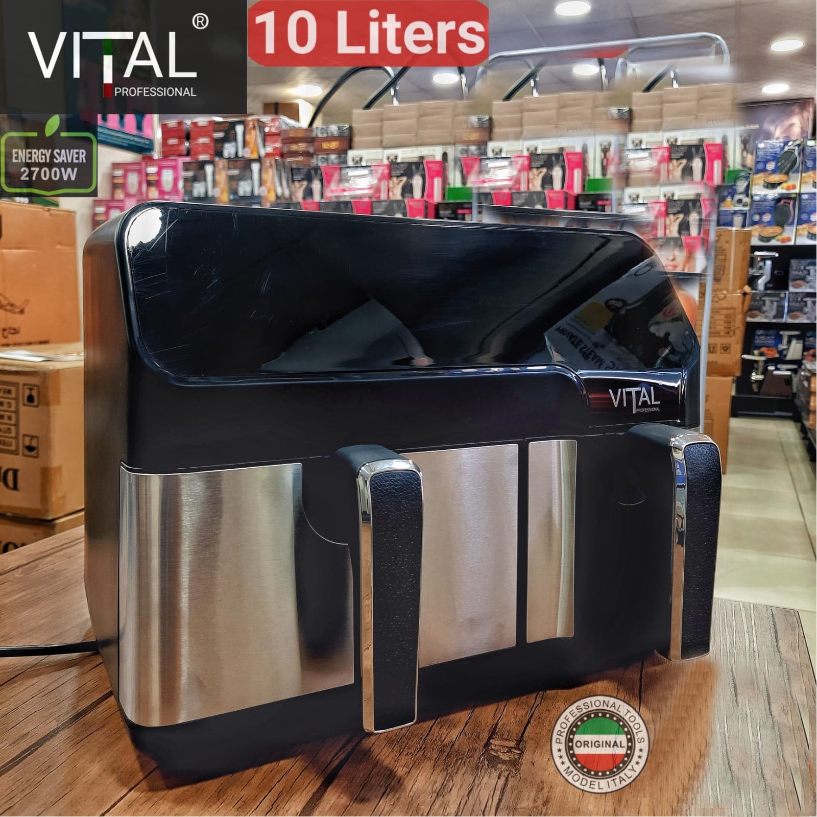 قلاية هوائية سعة 10 لتر بسلتين وقوة 2700 واط بشاشة رقمية وتحكم وقت ماركة VITAL قلاية هوائية سعة 10 لتر بسلتين وقوة 2700 واط بشاشة رقمية وتحكم وقت ماركة VITAL