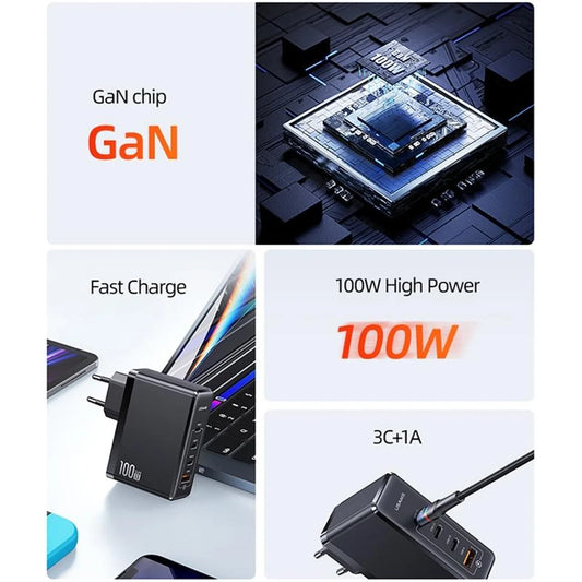 شاحن USAMS CC163 GaN 100W رباعي المنافذ C+C+C+A شحن لابتوب وتابلت وهاتف EU