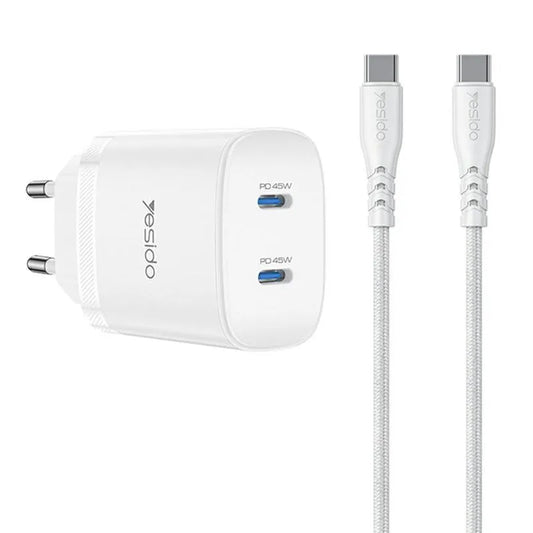 شاحن منزلي سريع بمنفذين USB-C مع كيبل Type-C قوة 45 واط للموبايل والتابلت ماركة YESIDO YC109