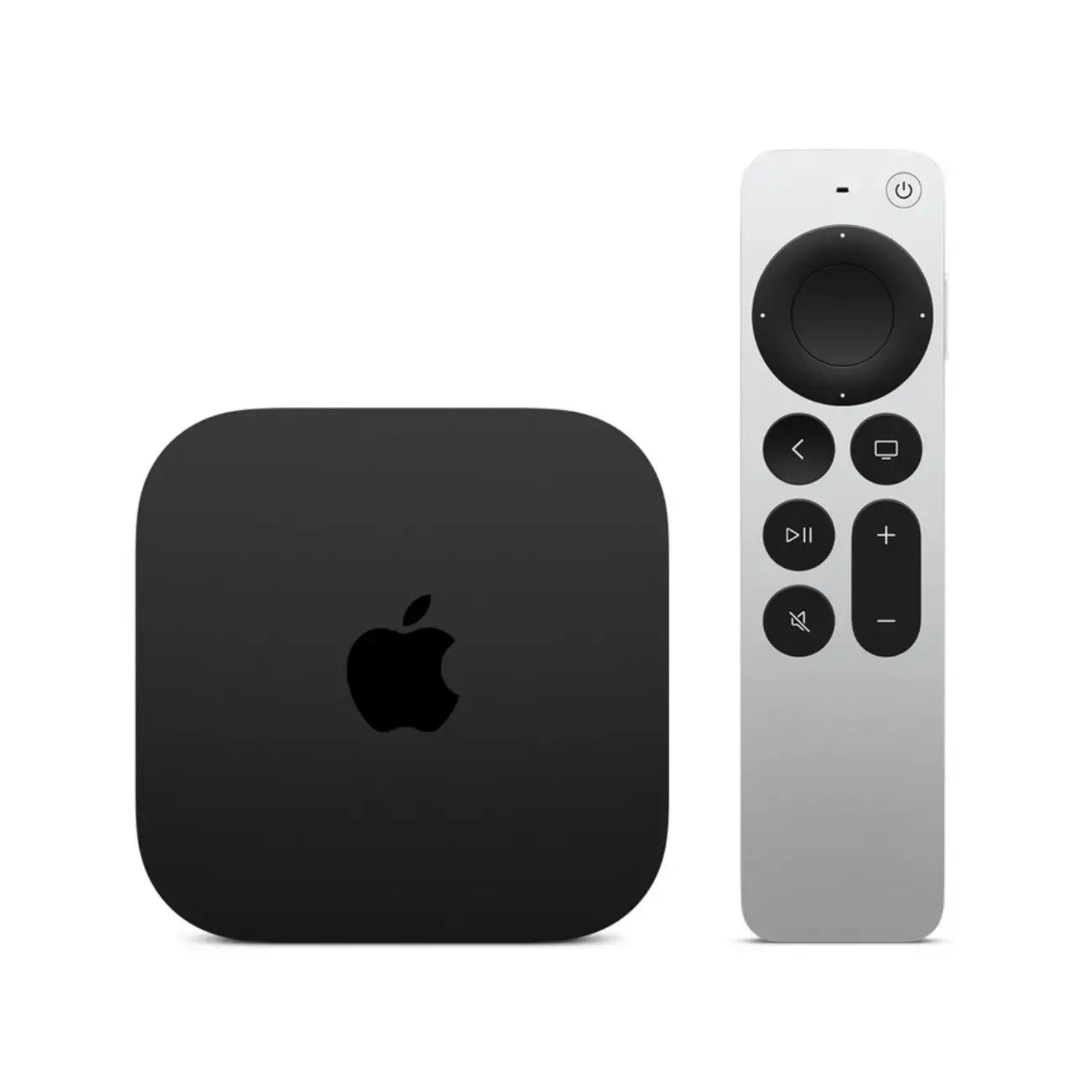 جهاز Apple TV باللون الأسود مع Siri Remote على خلفية بيضاء