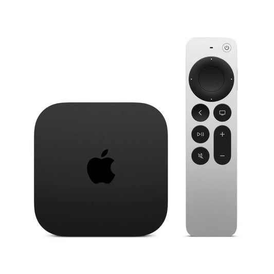 جهاز Apple TV باللون الأسود مع Siri Remote على خلفية بيضاء