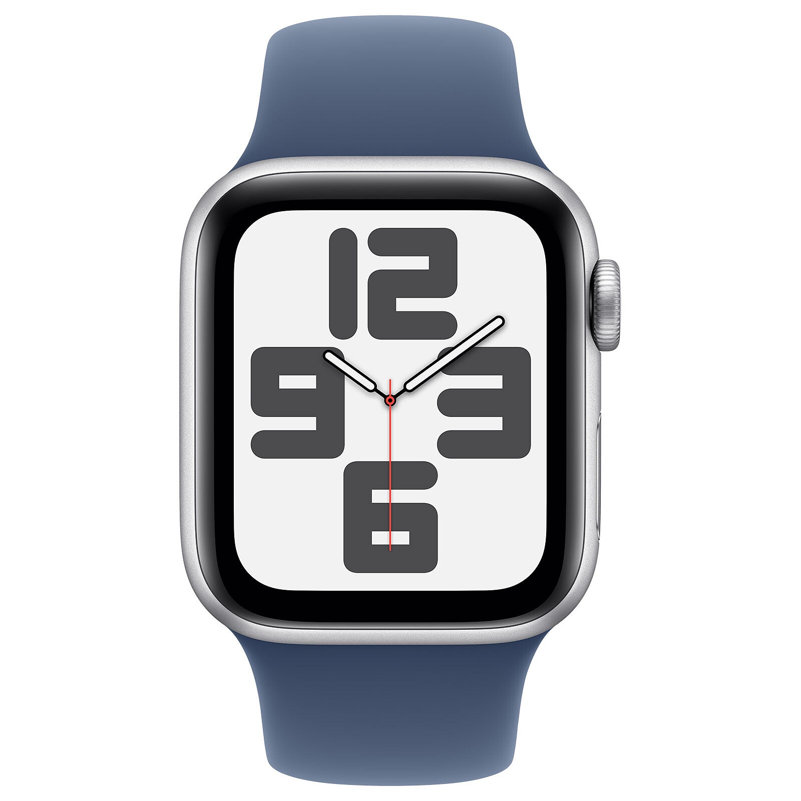 Apple Watch SE GPS بهيكل ألمنيوم فضي وحزام Denim Sport Band على خلفية بيضاء