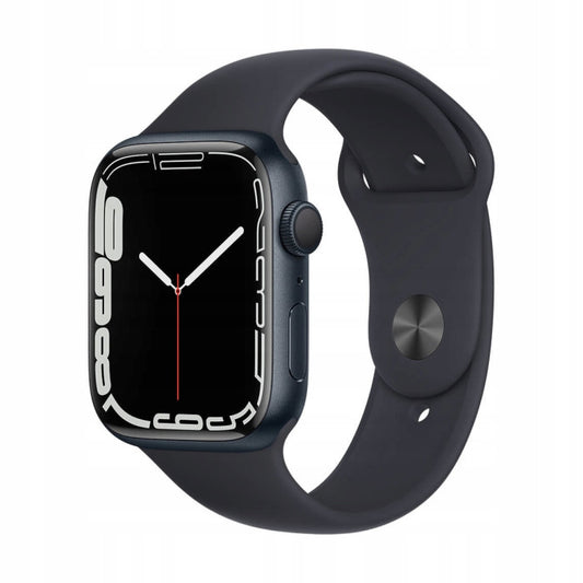 Apple Watch Series 7 GPS 45mm Midnight مع Sport Band على خلفية بيضاء