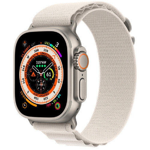 Apple Watch Ultra الجيل الأول GPS + Cellular 49mm Titanium مع Trail Loop على خلفية بيضاء