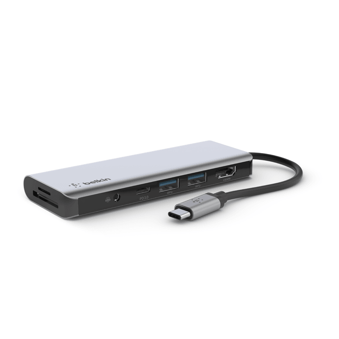 موزع منافذ USB-C من Belkin موديل AVC009btSGY – 100 واط، 2 منافذ، 7 في 1