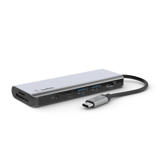موزع منافذ USB-C من Belkin موديل AVC009btSGY – 100 واط، 2 منافذ، 7 في 1