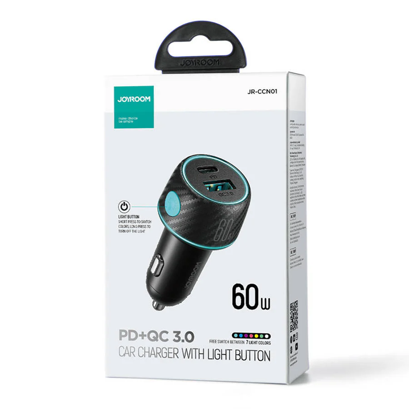 شاحن سيارة مع إضاءة بمنافذ USB+USB-C / Type-C من JOYROOM شاحن سيارة مع إضاءة بمنافذ USB+USB-C / Type-C من JOYROOM