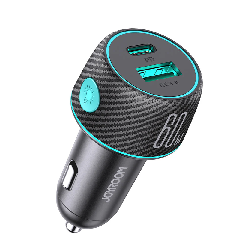شاحن سيارة مع إضاءة بمنافذ USB+USB-C / Type-C من JOYROOM شاحن سيارة مع إضاءة بمنافذ USB+USB-C / Type-C من JOYROOM