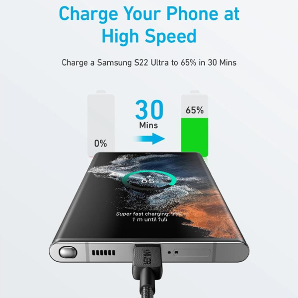 كابل Anker 322 USB-C إلى USB-C مضفر شحن سريع 60 واط بطول 0.9 متر – أسود كابل Anker 322 USB-C إلى USB-C مضفر شحن سريع 60 واط بطول 0.9 متر – أسود