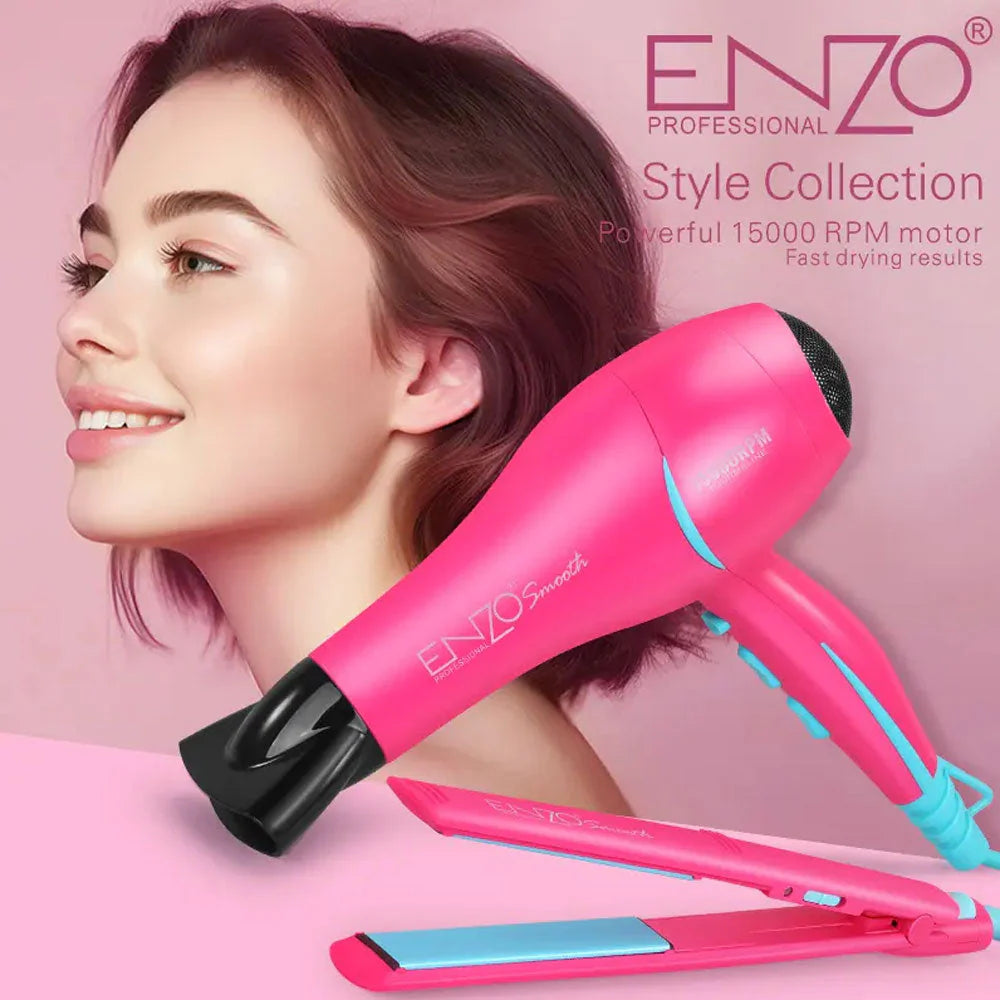 بكج تصفيف الشعر ستريتنر وسشوار بتصميم أنيق للسفر والاستخدام اليومي ماركة ENZO الايطالية بكج تصفيف الشعر ستريتنر وسشوار بتصميم أنيق للسفر والاستخدام اليومي ماركة ENZO الايطالية