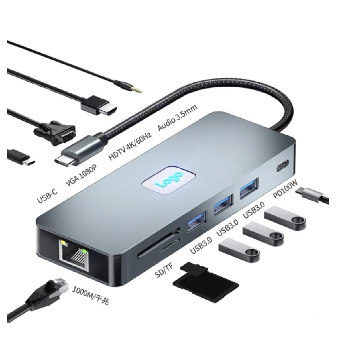 موزع Type-C من HAING موديل HI-3024-TMA بـ11 منفذ وHDMI 4K وPD 100W - صورة 1