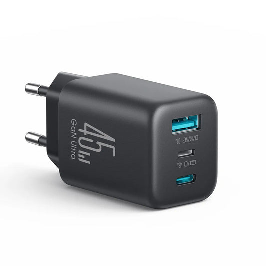 شاحن سريع JOYROOM Joyroom JR-TO1 45W GaN Charger 2x USB-C/1x USB-A – Black | أداء موثوق وتصميم عملي