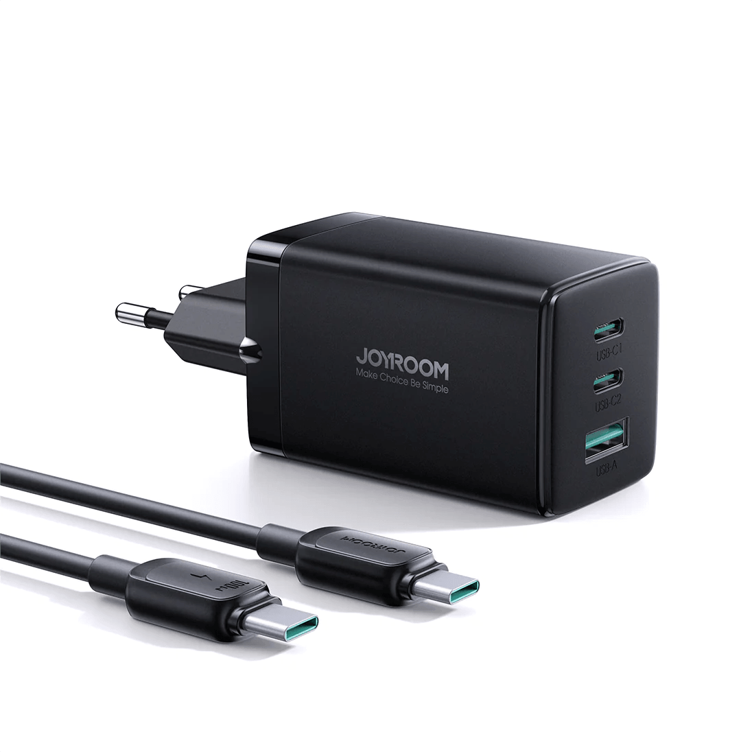كابل شحن JOYROOM Joyroom GaN Ultra 65W 2C1A Fast Charger & 100W C to C Cable - Black | أداء موثوق وتصميم عملي