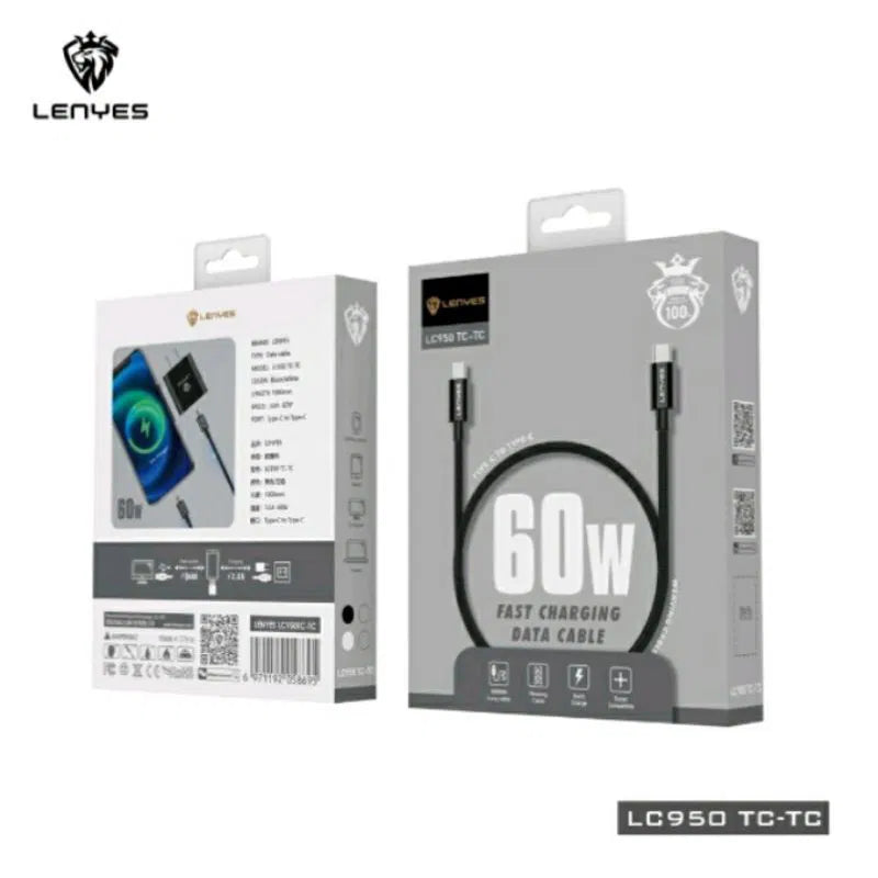 كيبل شحن ونقل بيانات من Lenyes موديل CABLE LC950TC-TC – 60 واط، 1 متر، USB-C إلى USB-C