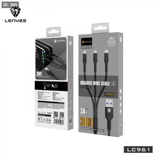 كيبل شحن ونقل بيانات من Lenyes موديل LC961 3IN1 – 2.4 أمبير، 1 متر، USB-A إلى USB-C