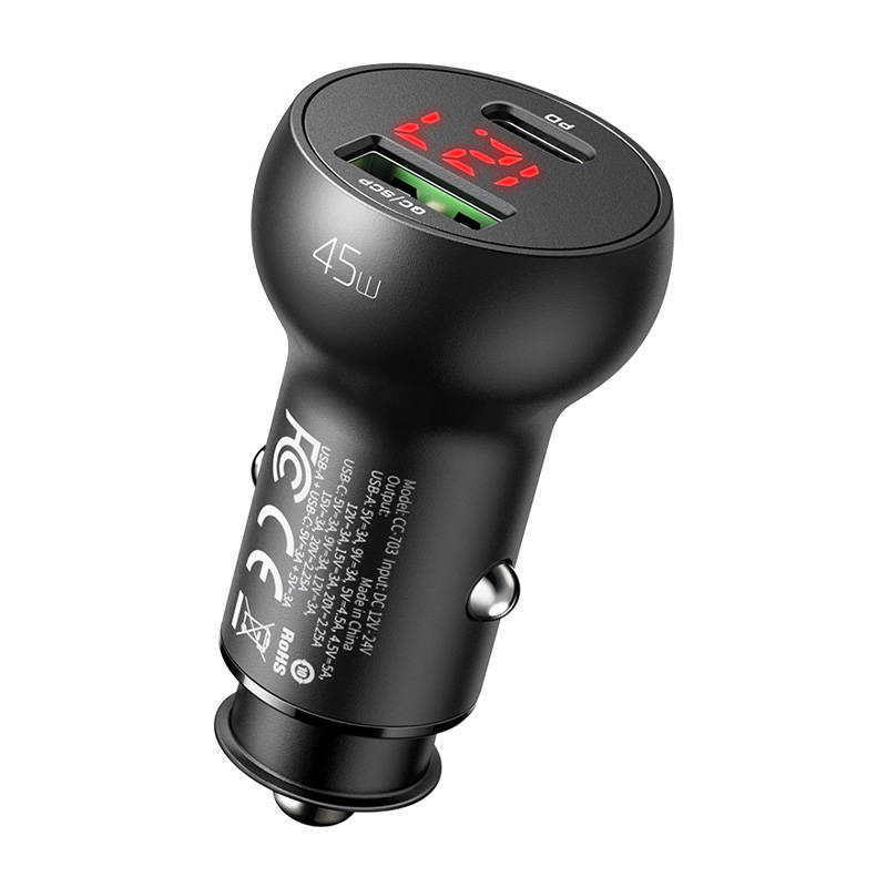 شاحن سيارة Mcdodo CC-7030 USB وUSB-C بقوة 45 واط مع شاشة - أسود