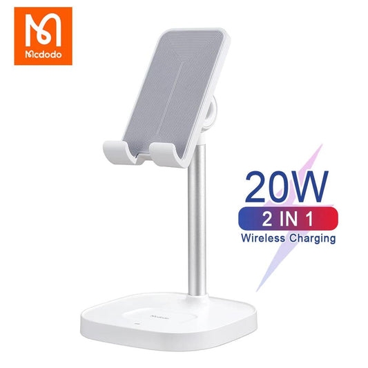 شاحن لاسلكي Mcdodo CH-0530 ‏2 في 1 مع حامل مكتبي 20 واط - أبيض