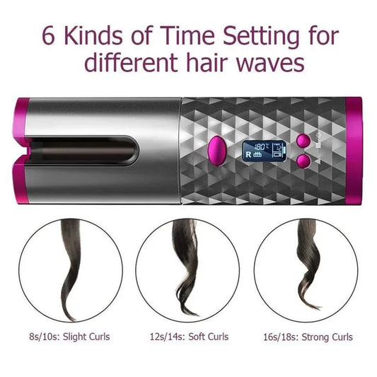 جهاز تجعيد الشعر اللاسلكي USB Auto Curler قابل للشحن بشاشة LED بدرجة حرارة 150-200 مئوية