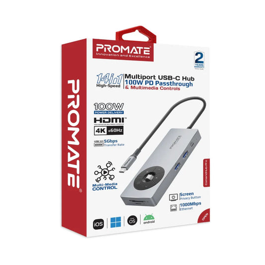 موزع منافذ من Promate موديل ComandHub-Pro مع 100W وUSB-C وlightning - صورة 2