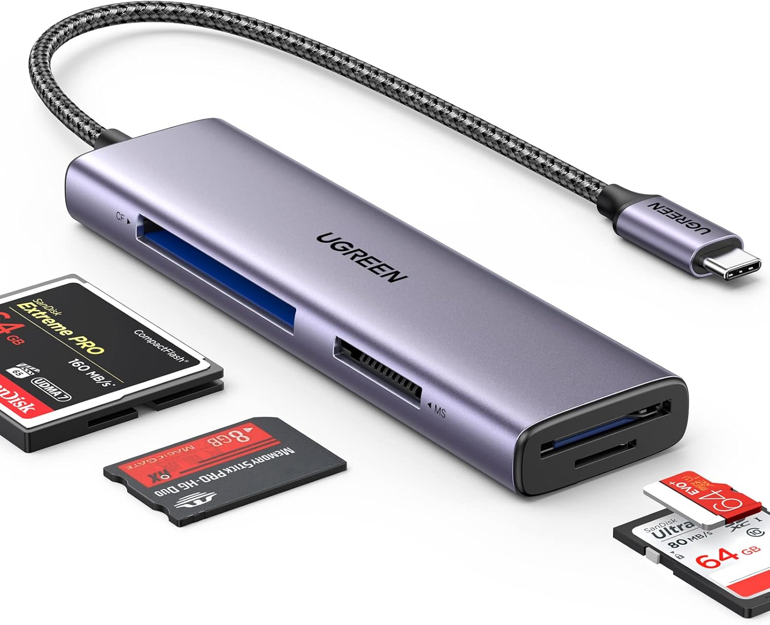 قارئ بطاقات USB-C رباعي UGREEN 15307 بخلفية بيضاء