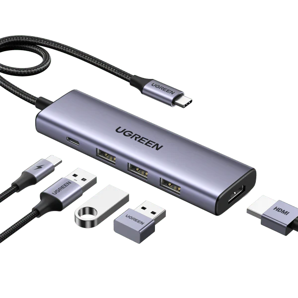 موزع منافذ UGREEN 15596 USB-C مع HDMI وثلاثة USB وشحن PD 100W