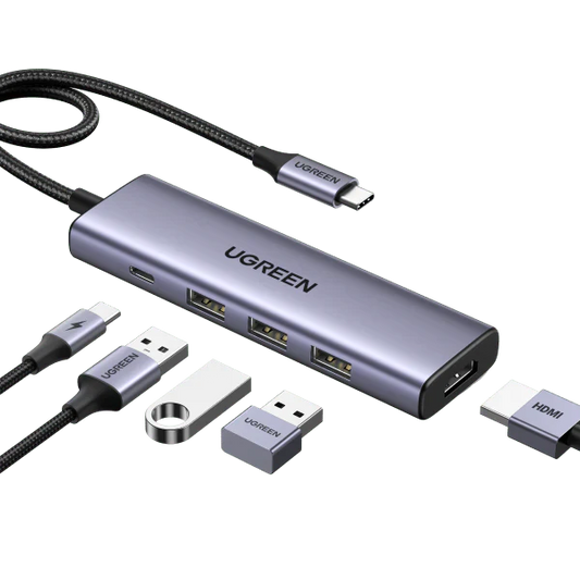 موزع منافذ UGREEN 15596 USB-C مع HDMI وثلاثة USB وشحن PD 100W